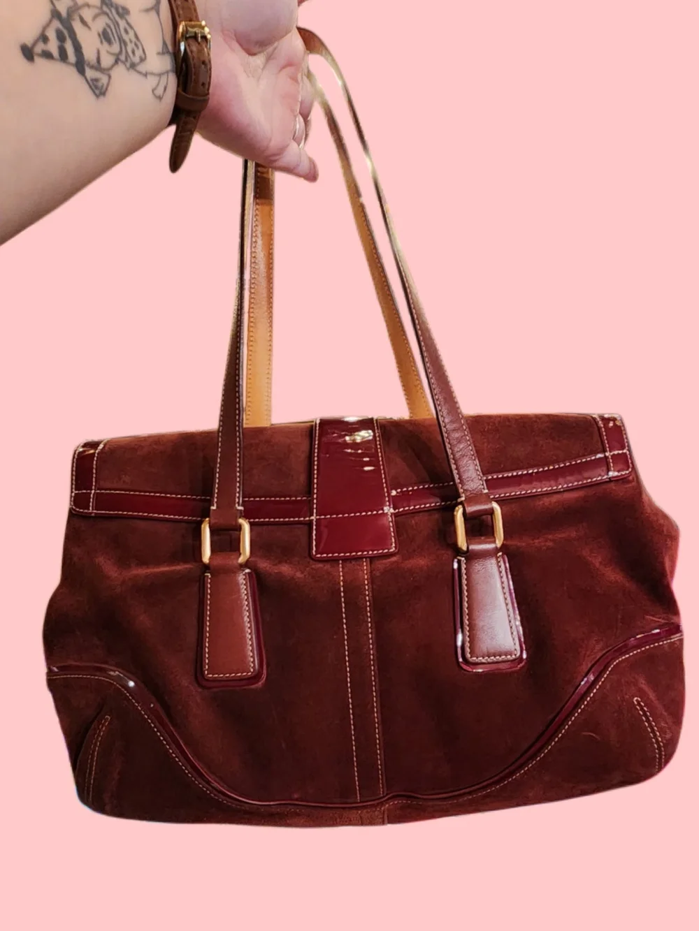 Coach Burgundy Soho Suede & Patent Leather Shoulder Bag with Gold Hardware